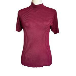 Vintage Distinctive Women's Deep Red Silk Mock Neck Short Sleeve Blouse Size M